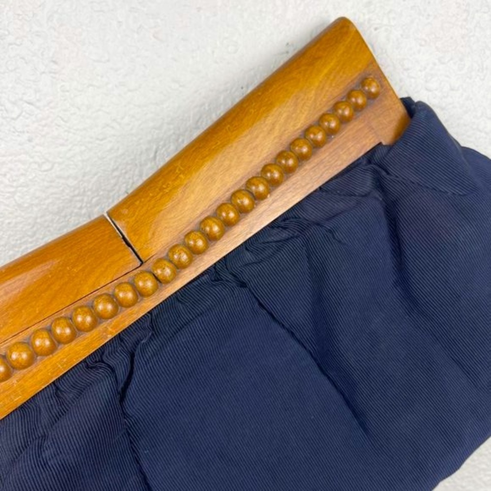 Vintage 70's Wooden Handle Ribbed Navy Blue Clutch - Picture 3 of 7